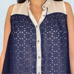 Retro themed geometric navy blue sheer blouse